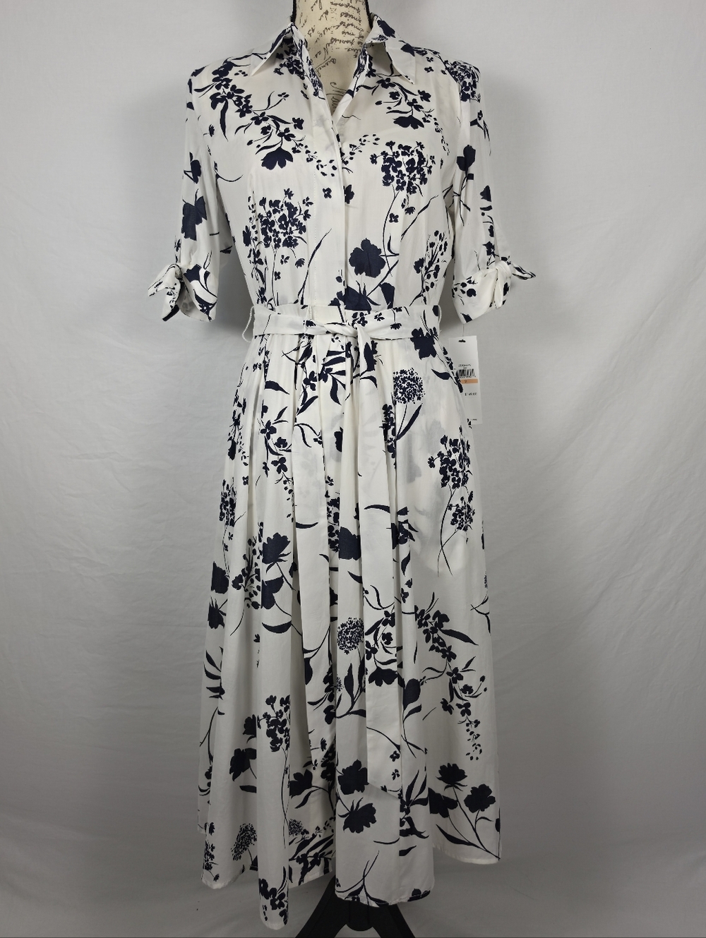 NWT Calvin Klein Floral Cotton Button-Up Belted Shirt Dress - 2
